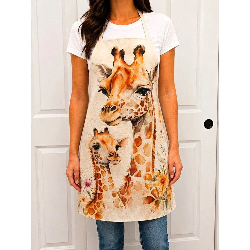 Giraffe Mom & Baby Apron Adult Watercolor Floral Safari Apron